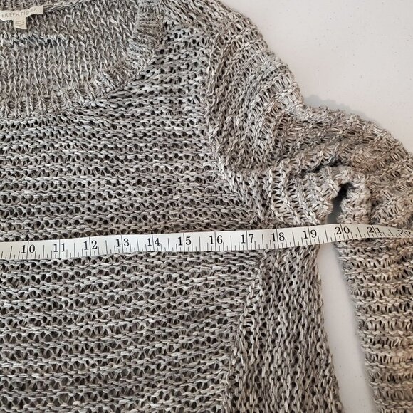 Eileen Fisher Open Knit Sweater Small Pockets Wide Neck Gray‎ White Cotton Blend - Picture 5 of 10